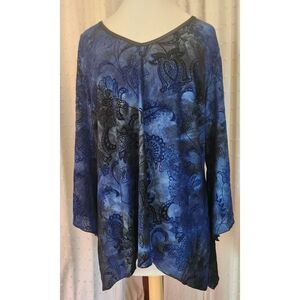 F94 Sere Nade NY Woman blouse, blue with black floral velvety pattern, NWT